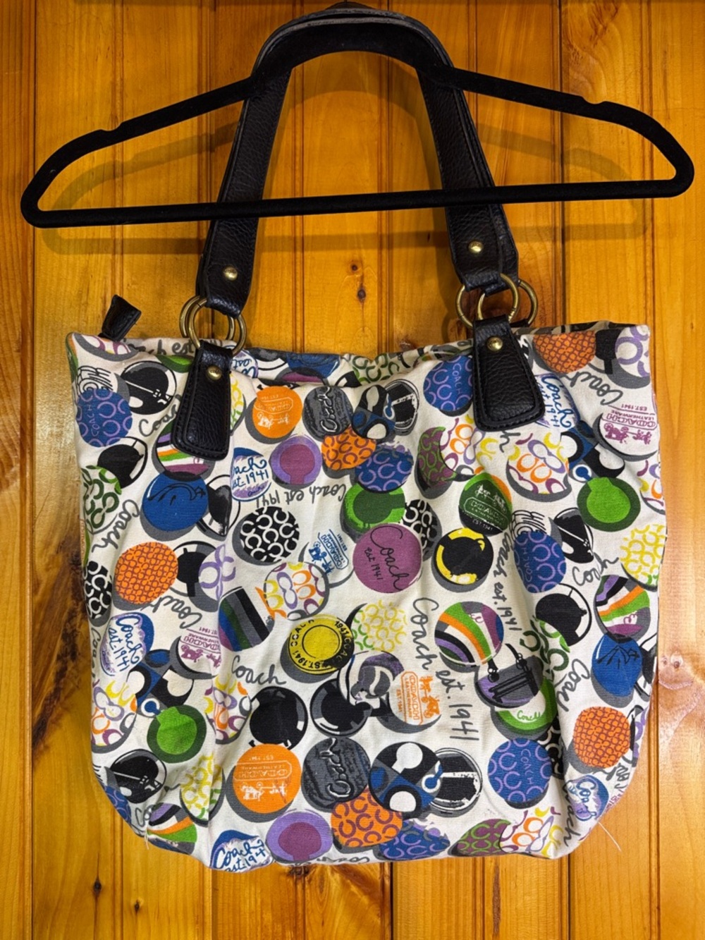 Vintage Coach Like Multicolor Logo Dot Canvas Tote with Black Leather Handles - Picture 5 of 12